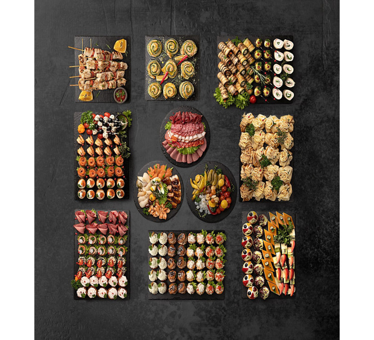 Сет №21. Канапе + Рулетики + Тарталетки + Сладкое + Горячие закуски + Нарезки (229 шт. + 3 тарелки нарезки на 30-40 гостей)