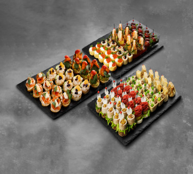 Сет №7 Ассорти канапе и холодных закусок из мяса и морепродуктов, рыбные брускетты (100 шт., для 10-15 гостей)