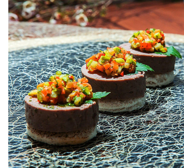 Террин мясной с овощами, чипсами из бекона 